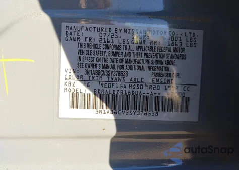 2025 Nissan Sentra Sv from USA, damaged, VIN 3N1AB8CV3SY378538